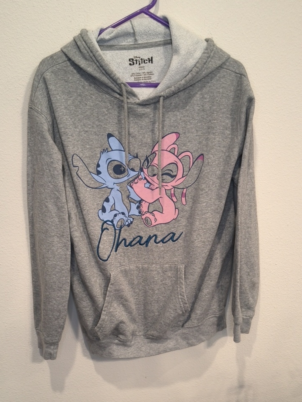 Disney Gray Cowl-Neck Hoodie with Blue & Pink Stitch Characters